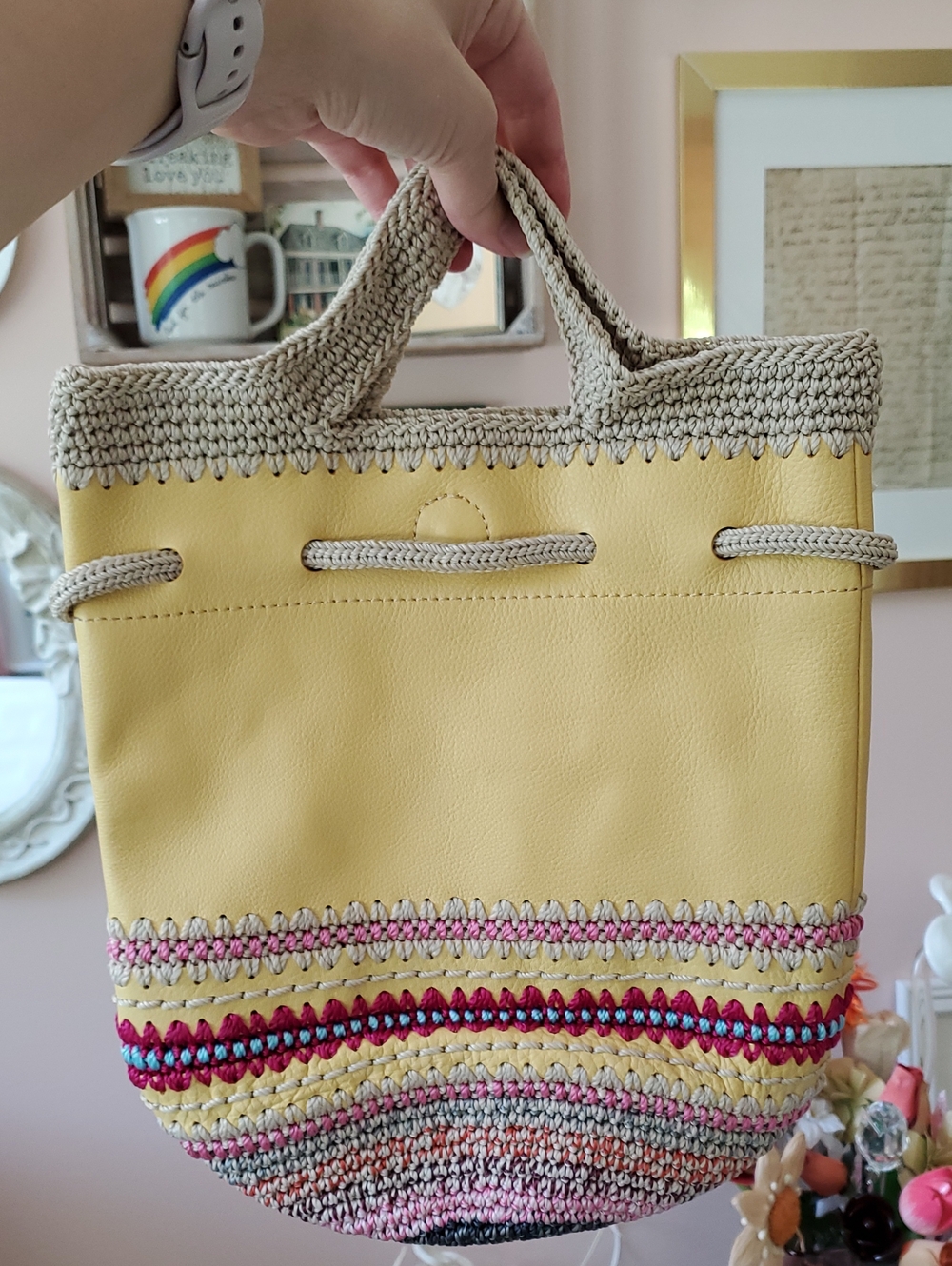 New The Sak Yellow Leather Crochet-Trim Women’s Dylan Backpack Hand Bag Seminyak